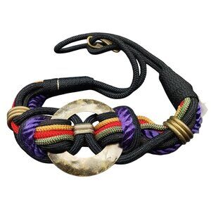 Vintage Multicolor Woven Rope Belt With Brass Accents & Circular Buckle